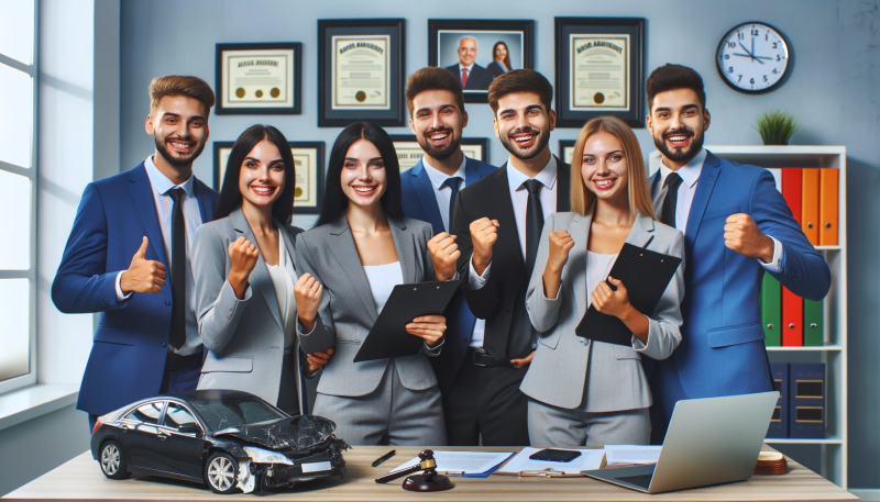 Colorful photo of a diverse team of automobile accident attorneys smiling and celebrating a successful case resolution. The background shows a modern law firm office with framed certificates on the walls.