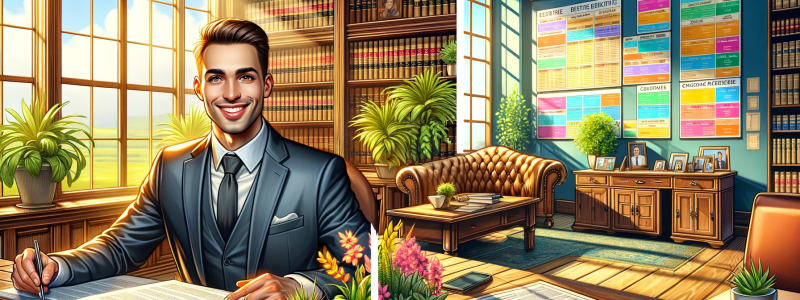  The first image is a warm and inviting law office, with sunlight streaming through the windows, highlighting the rich wooden furniture and a vibrant array of indoor plants. A wall of legal books adds to the professional atmosphere. The second image is of a friendly and reassuring insurance agent’s desk, with an open policy on the desk, colorful charts on the wall illustrating different coverage options, and a bright, welcoming smile. Both scenes are devoid of caricature and reflect a professional, positive
